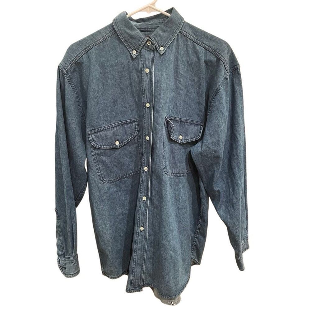 Vtg Faded Glory Womens Denim Button Down Shirt M Blue Oversized Normcore Classic